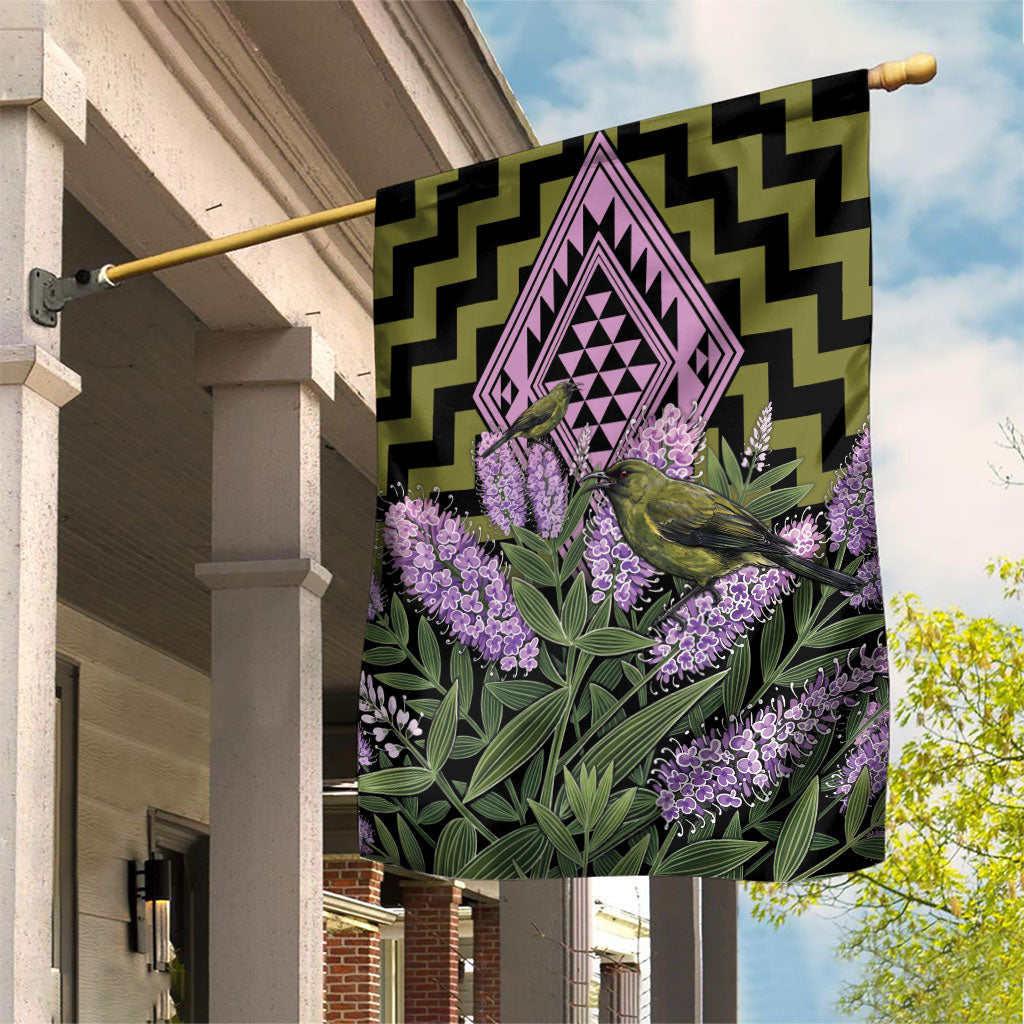 Rongoa Maori New Zealand Koromiko Garden Flag NZ Hebe Korimako Bellbird Poutama LT14 House Flag Green - Polynesian Pride