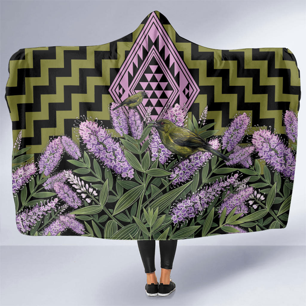 Rongoa Maori New Zealand Koromiko Hooded Blanket NZ Hebe Korimako Bellbird Poutama LT14 One Size Green - Polynesian Pride
