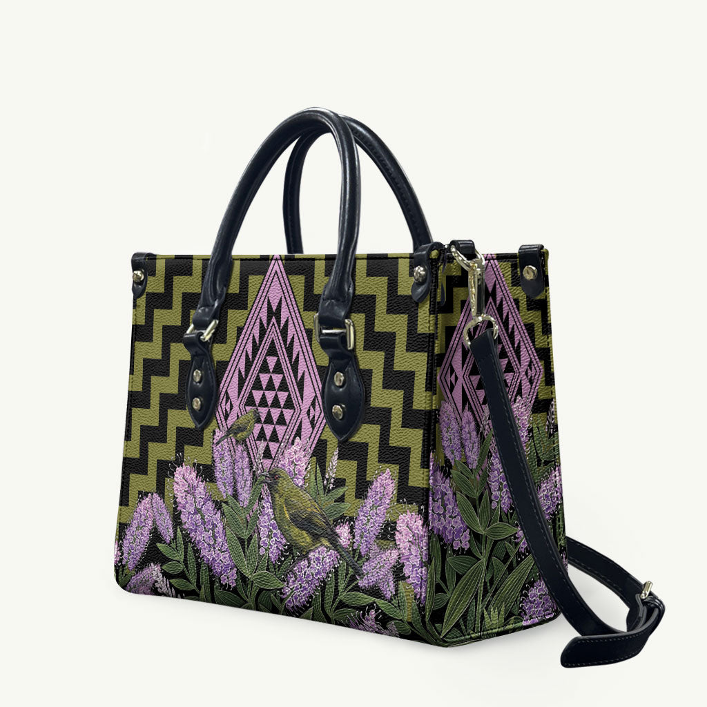Rongoa Maori New Zealand Koromiko Leather Bag NZ Hebe Korimako Bellbird Poutama LT14 Green - Polynesian Pride