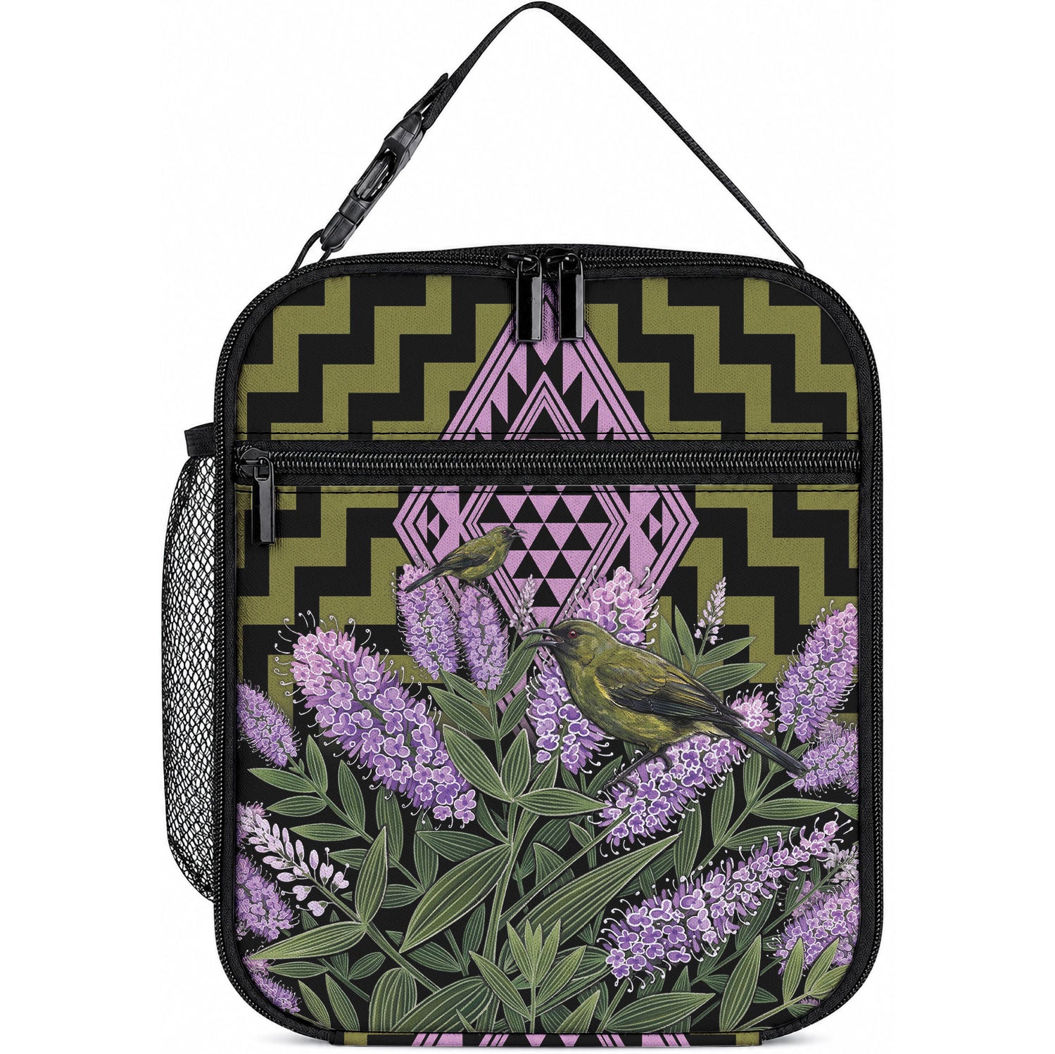 Rongoa Maori New Zealand Koromiko Lunch Bag NZ Hebe Korimako Bellbird Poutama LT14 10.2 × 8.3 × 4.3 inch Green - Polynesian Pride