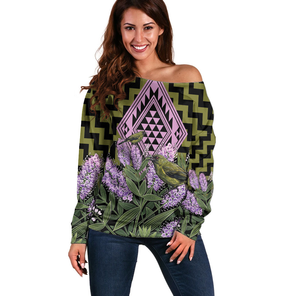 Rongoa Maori New Zealand Koromiko Off Shoulder Sweater NZ Hebe Korimako Bellbird Poutama LT14 Women Green - Polynesian Pride