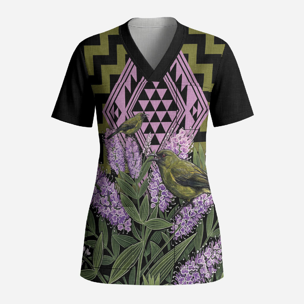 Rongoa Maori New Zealand Koromiko Scrub Top NZ Hebe Korimako Bellbird Poutama LT14 Adult Green - Polynesian Pride