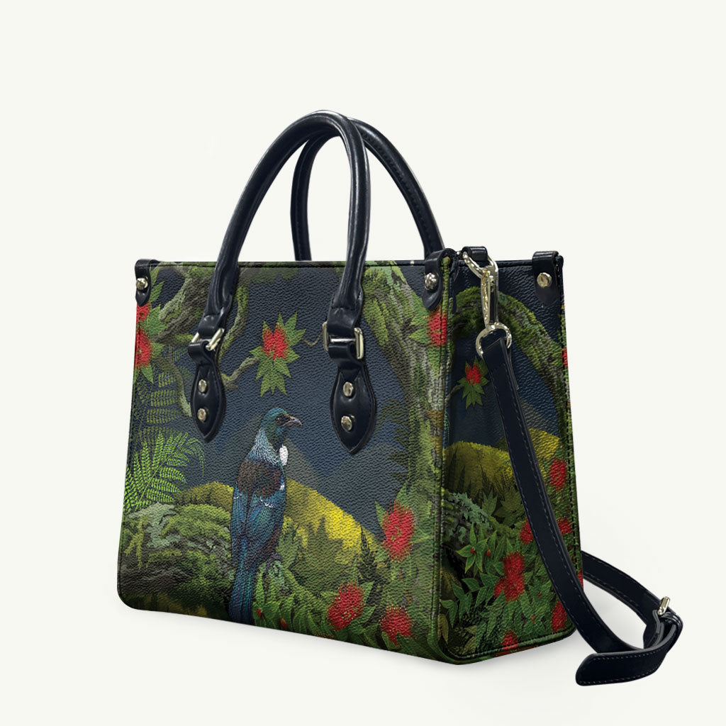 Rongoa Maori New Zealand Rata Leather Bag NZ Tui Bird Forest Vibes LT14 Green - Polynesian Pride