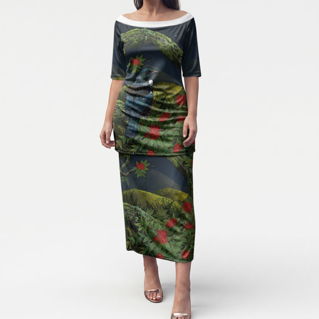 Rongoa Maori New Zealand Rata Puletasi NZ Tui Bird Forest Vibes LT14 Long Dress Green - Polynesian Pride