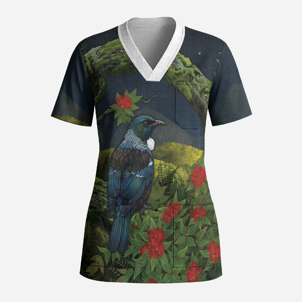Rongoa Maori New Zealand Rata Scrub Top NZ Tui Bird Forest Vibes LT14 Adult Green - Polynesian Pride