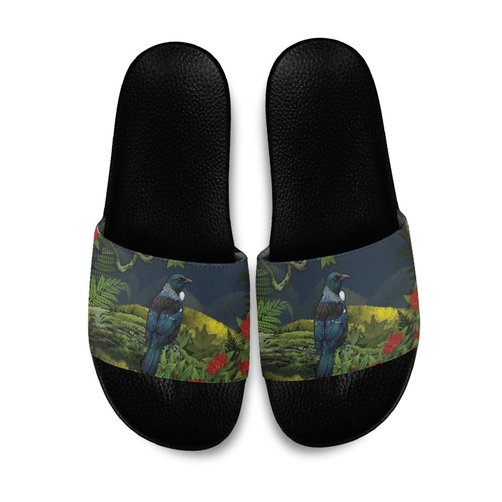 Rongoa Maori New Zealand Rata Slide Sandals NZ Tui Bird Forest Vibes LT14 Green - Polynesian Pride