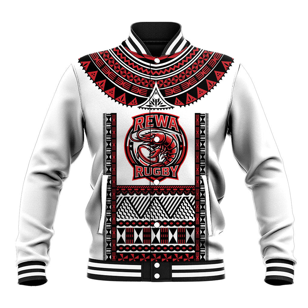Fiji Rewa Rugby Custom Baseball Jacket Go Champions Fijian Tapa Pattern LT14 Unisex White - Polynesian Pride