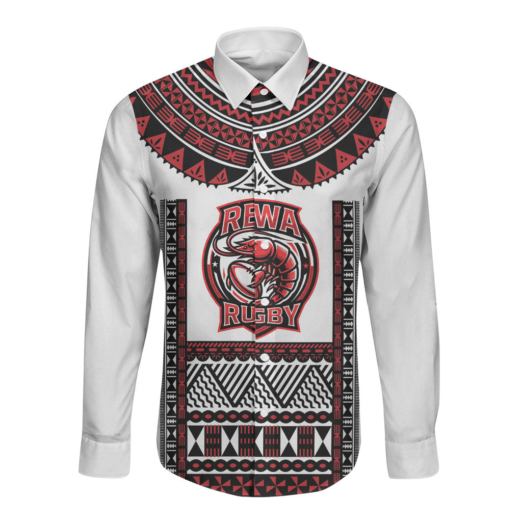 Fiji Rewa Rugby Custom Long Sleeve Button Shirt Go Champions Fijian Tapa Pattern LT14 Unisex White - Polynesian Pride