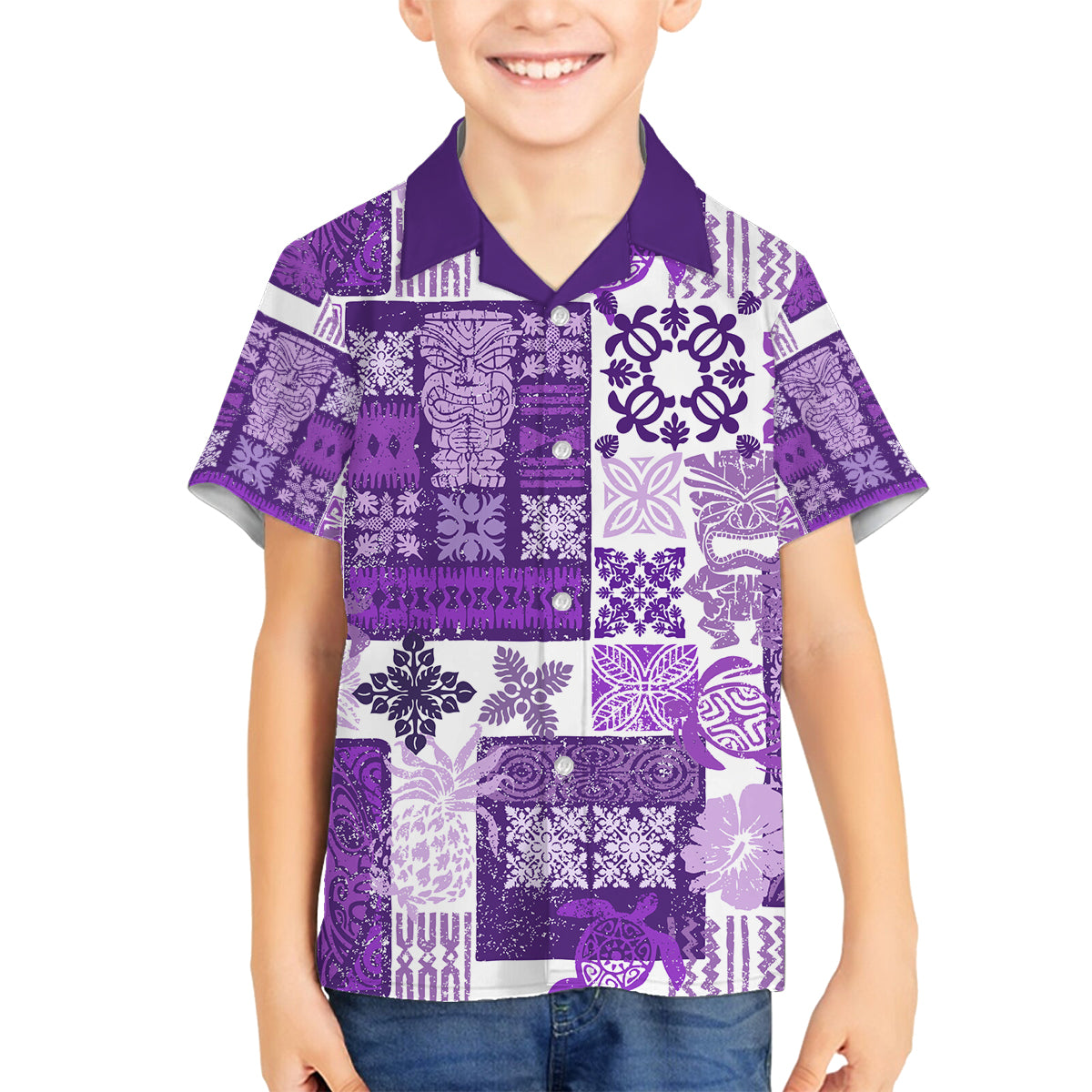 Hawaiian Quilt Family Matching Off Shoulder Long Sleeve Dress and Hawaiian Shirt Tiki Tropical Retro Purple Version LT14 Son's Shirt Purple - Polynesian Pride