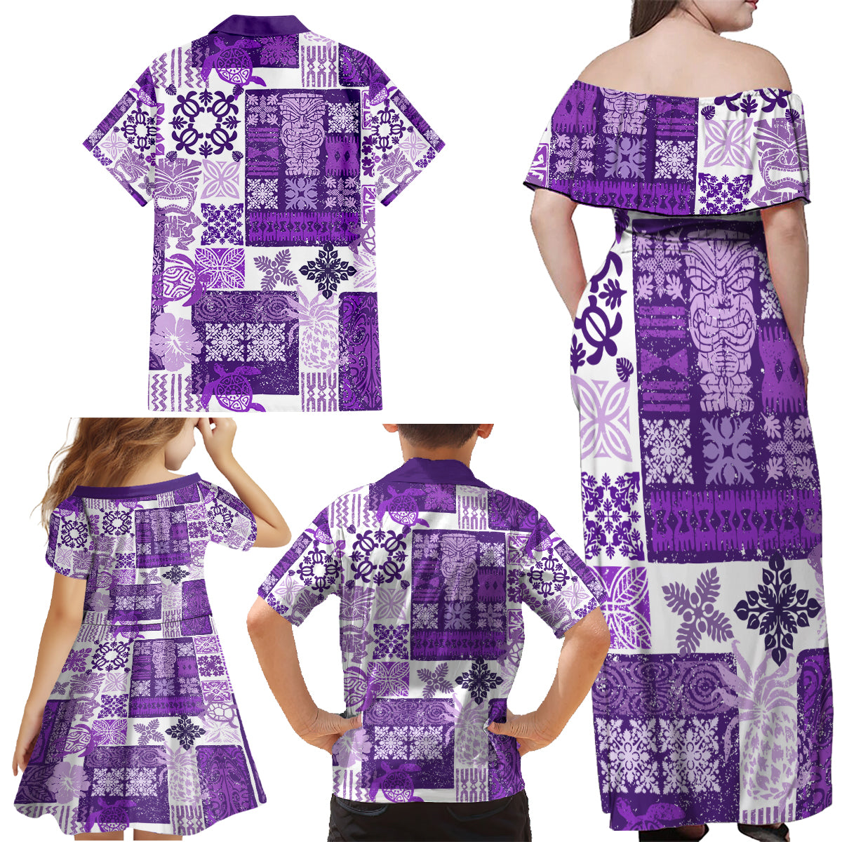Hawaiian Quilt Family Matching Off Shoulder Maxi Dress and Hawaiian Shirt Tiki Tropical Retro Purple Version LT14 - Polynesian Pride