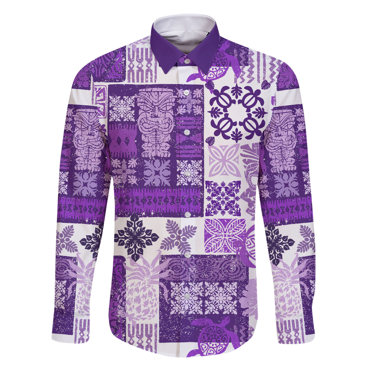 Hawaiian Quilt Family Matching Short Sleeve Bodycon Dress and Hawaiian Shirt Tiki Tropical Retro Purple Version LT14 Dad's Shirt - Long Sleeve Purple - Polynesian Pride