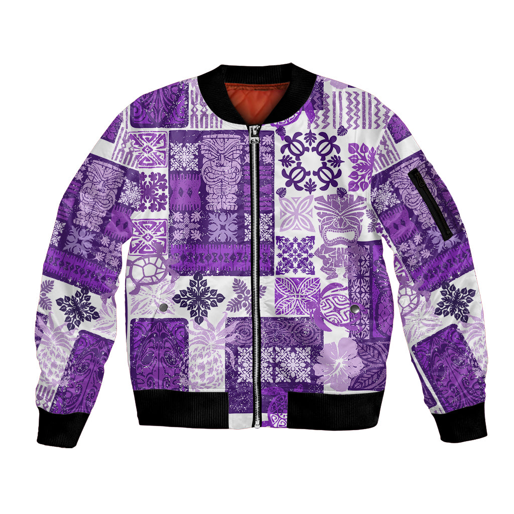 Hawaiian Quilt Sleeve Zip Bomber Jacket Tiki Tropical Retro Purple Version LT14 Unisex Purple - Polynesian Pride
