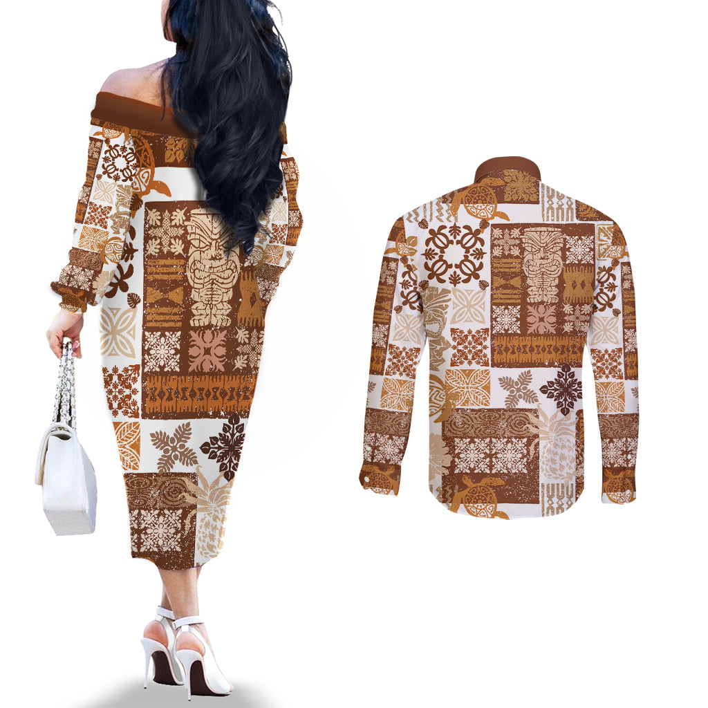 Hawaiian Quilt Couples Matching Off The Shoulder Long Sleeve Dress and Long Sleeve Button Shirt Tiki Tropical Retro Brown Version LT14 - Polynesian Pride