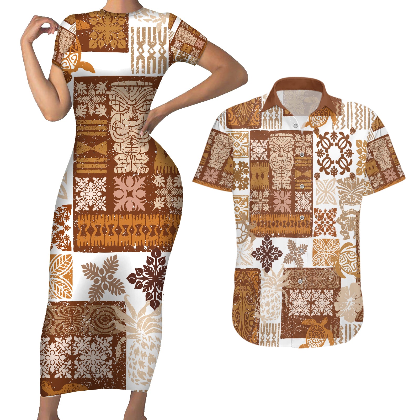 Hawaiian Quilt Couples Matching Short Sleeve Bodycon Dress and Hawaiian Shirt Tiki Tropical Retro Brown Version LT14 Brown - Polynesian Pride