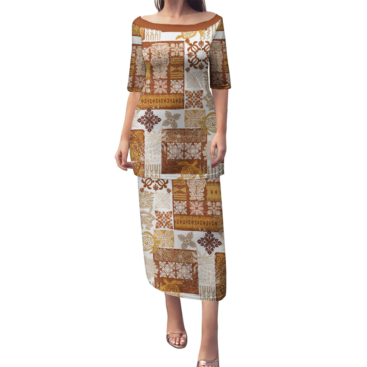 Hawaiian Quilt Family Matching Puletasi Dress and Hawaiian Shirt Tiki Tropical Retro Brown Version LT14 Mom's Dress Brown - Polynesian Pride