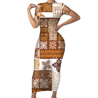 Hawaiian Quilt Family Matching Short Sleeve Bodycon Dress and Hawaiian Shirt Tiki Tropical Retro Brown Version LT14 Mom's Dress Brown - Polynesian Pride