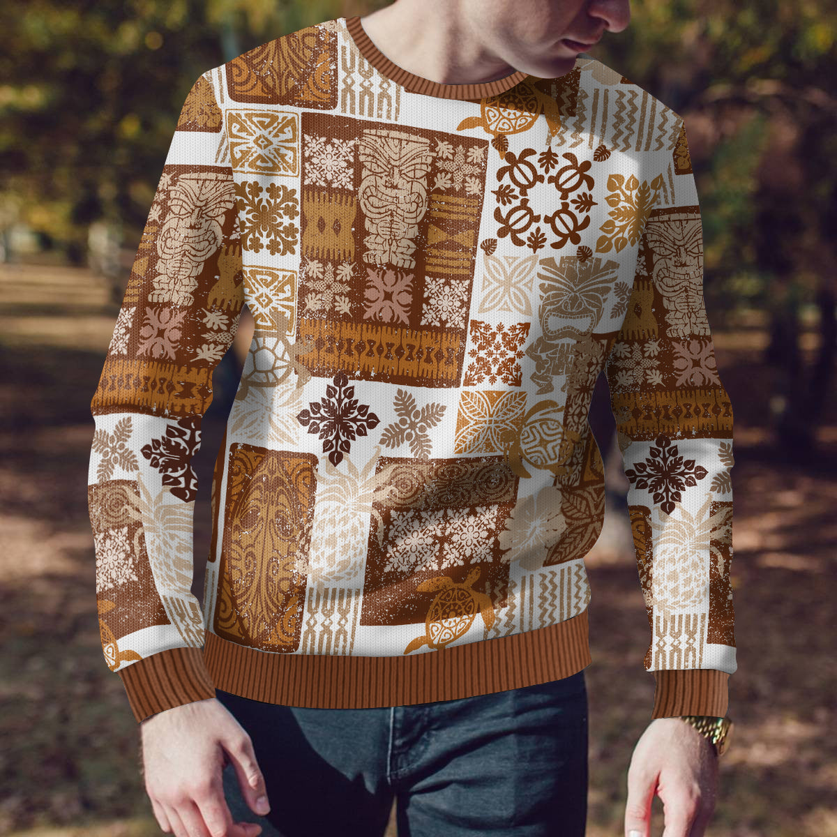 Hawaiian Quilt Ugly Christmas Sweater Tiki Tropical Retro Brown Version LT14 - Polynesian Pride