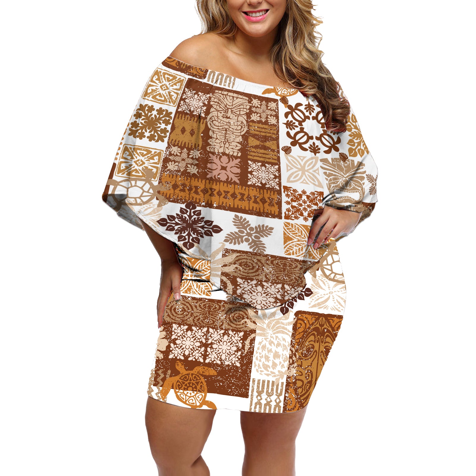 Hawaiian Quilt Off Shoulder Short Dress Tiki Tropical Retro Brown Version LT14 Women Brown - Polynesian Pride