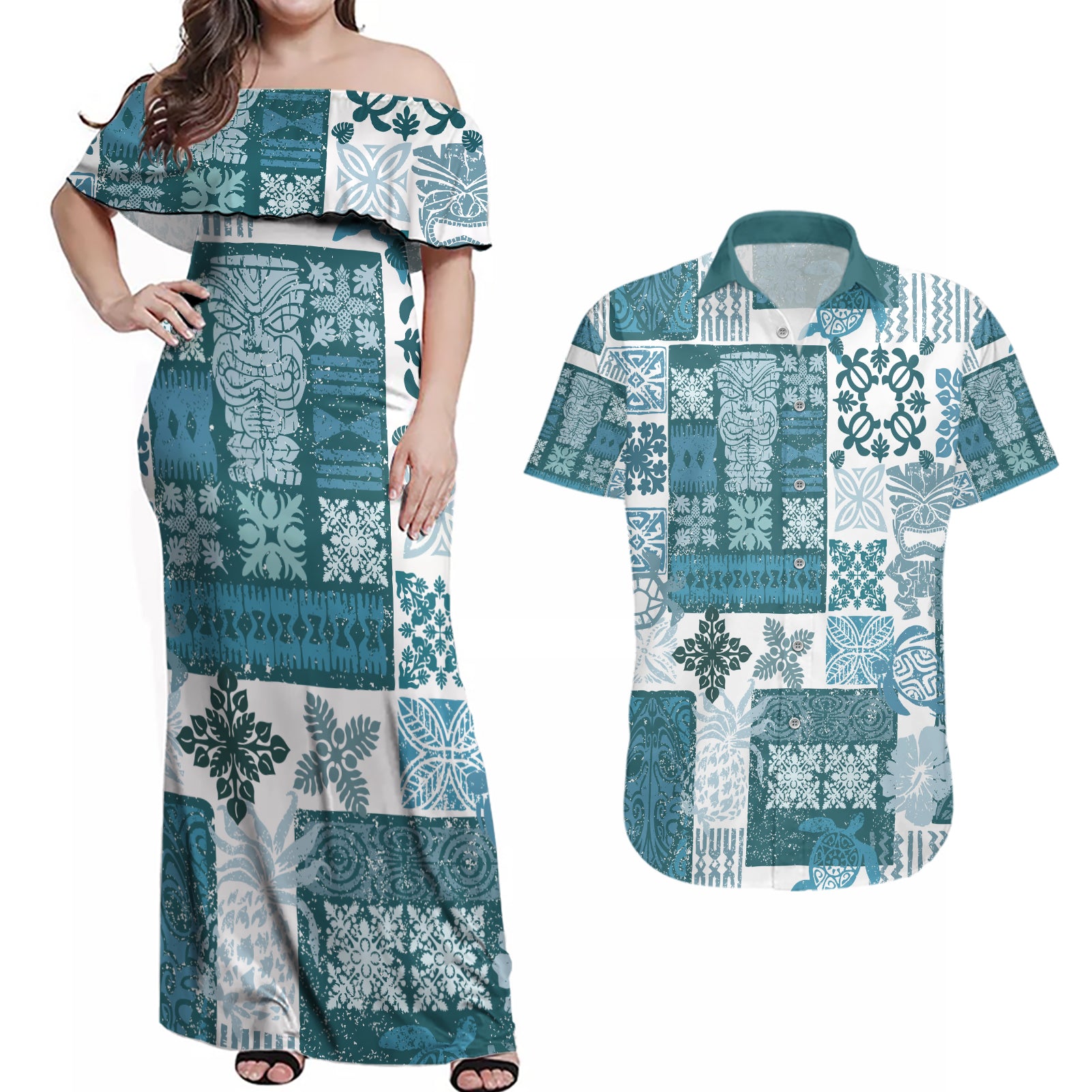 Hawaiian Quilt Couples Matching Off Shoulder Maxi Dress and Hawaiian Shirt Tiki Tropical Retro Dark Cyan Version LT14 Dark Cyan - Polynesian Pride