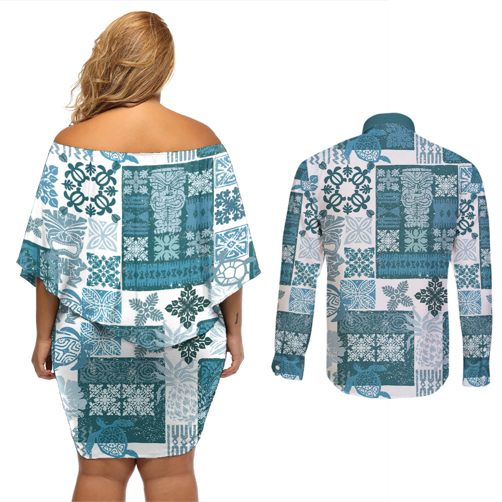Hawaiian Quilt Couples Matching Off Shoulder Short Dress and Long Sleeve Button Shirt Tiki Tropical Retro Dark Cyan Version LT14 - Polynesian Pride