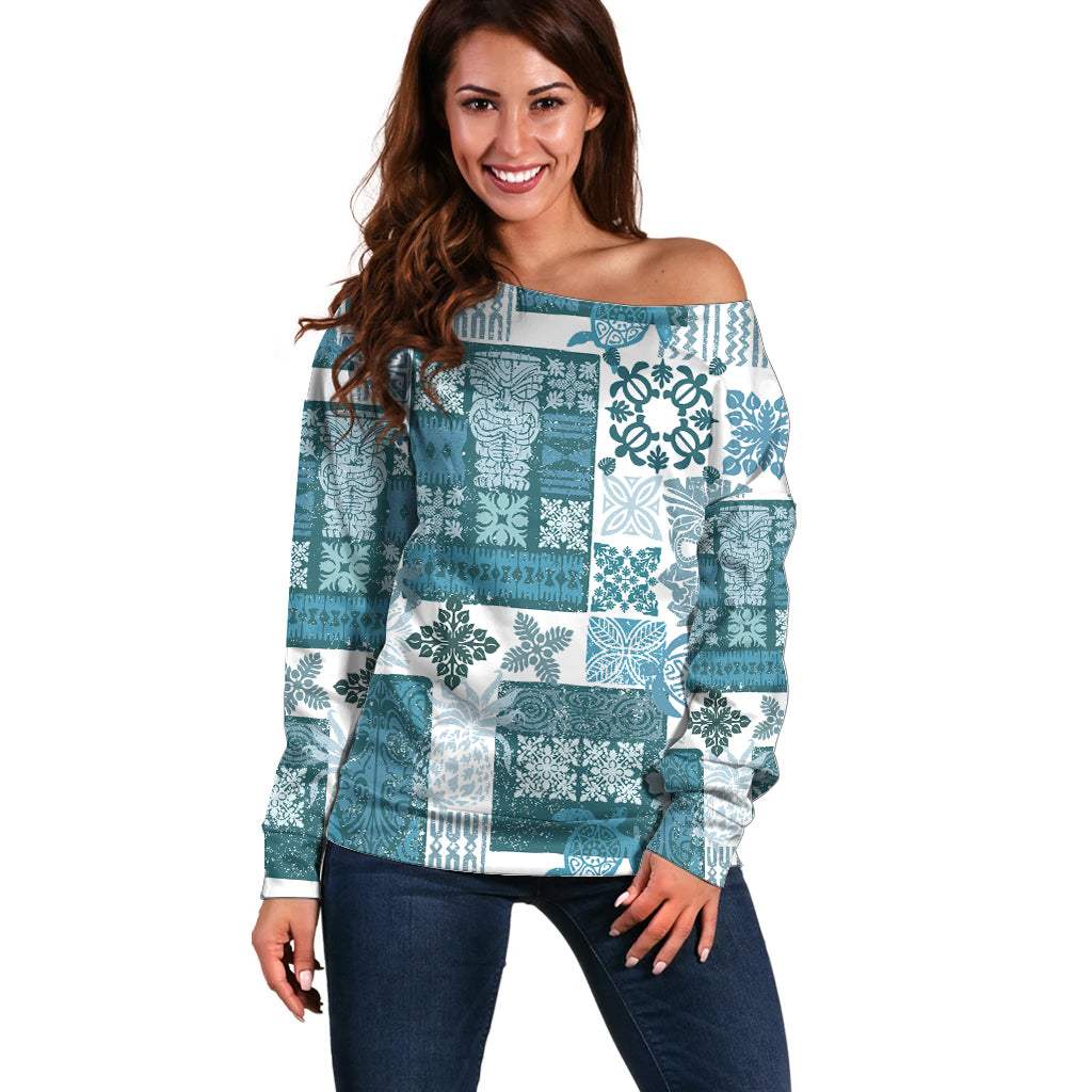 Hawaiian Quilt Off Shoulder Sweater Tiki Tropical Retro Dark Cyan Version LT14 Women Dark Cyan - Polynesian Pride