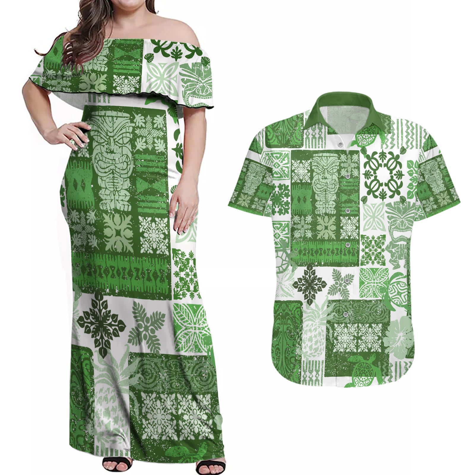 Hawaiian Quilt Couples Matching Off Shoulder Maxi Dress and Hawaiian Shirt Tiki Tropical Retro Green Version LT14 Green - Polynesian Pride