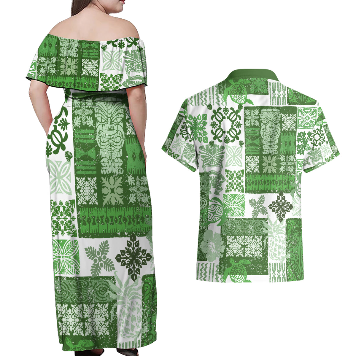 Hawaiian Quilt Couples Matching Off Shoulder Maxi Dress and Hawaiian Shirt Tiki Tropical Retro Green Version LT14 - Polynesian Pride