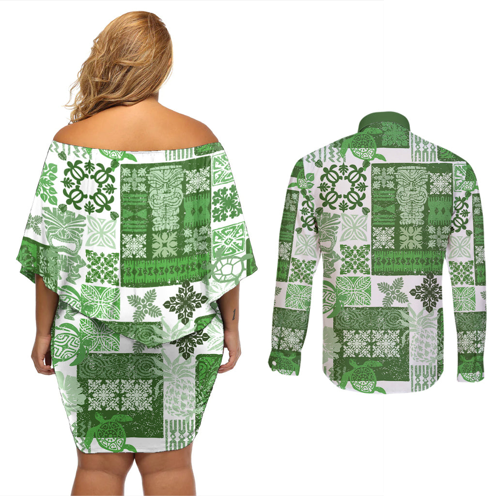 Hawaiian Quilt Couples Matching Off Shoulder Short Dress and Long Sleeve Button Shirt Tiki Tropical Retro Green Version LT14 - Polynesian Pride