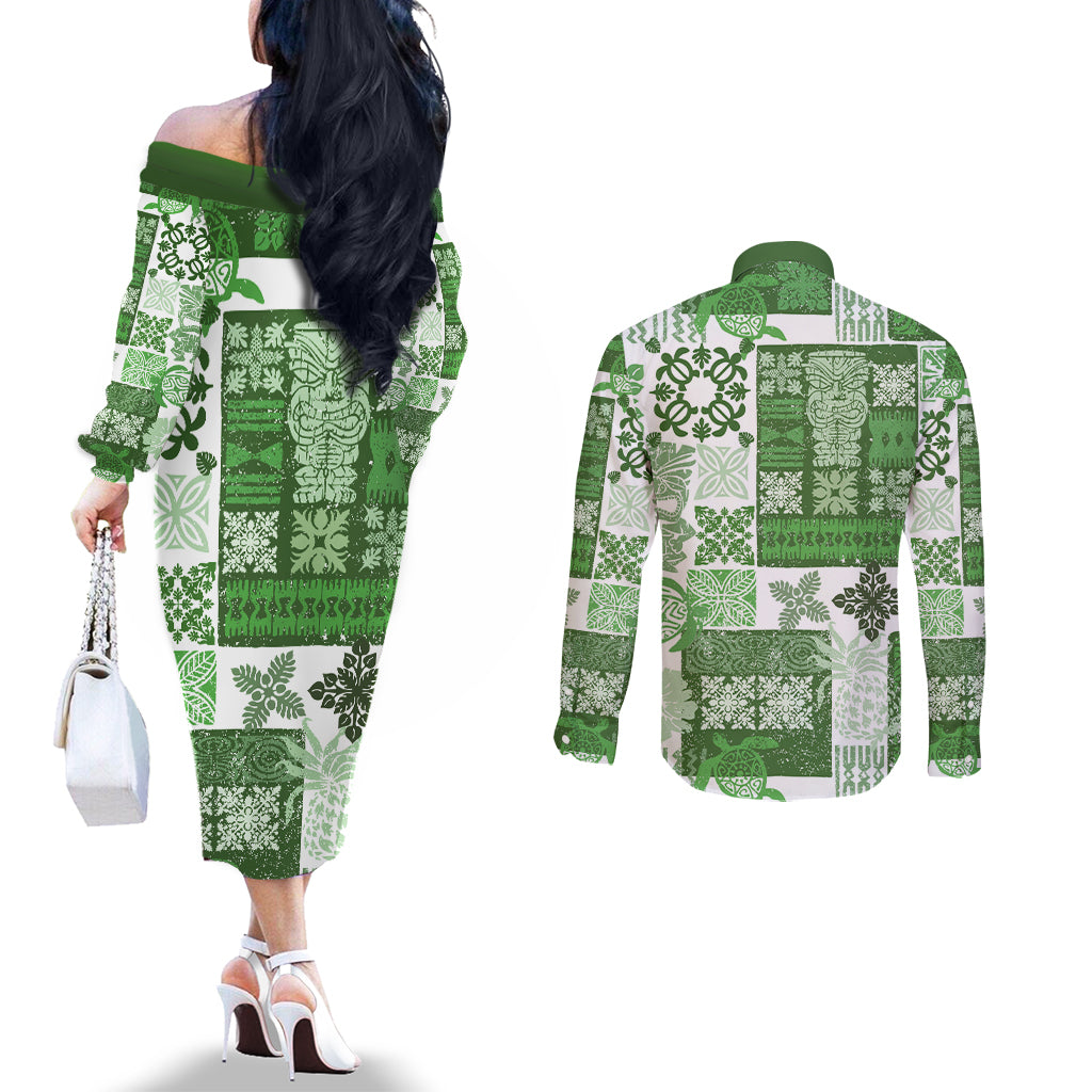 Hawaiian Quilt Couples Matching Off The Shoulder Long Sleeve Dress and Long Sleeve Button Shirt Tiki Tropical Retro Green Version LT14 - Polynesian Pride