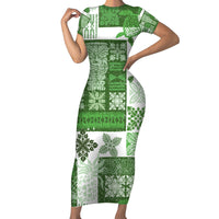 Hawaiian Quilt Family Matching Short Sleeve Bodycon Dress and Hawaiian Shirt Tiki Tropical Retro Green Version LT14 Mom's Dress Green - Polynesian Pride