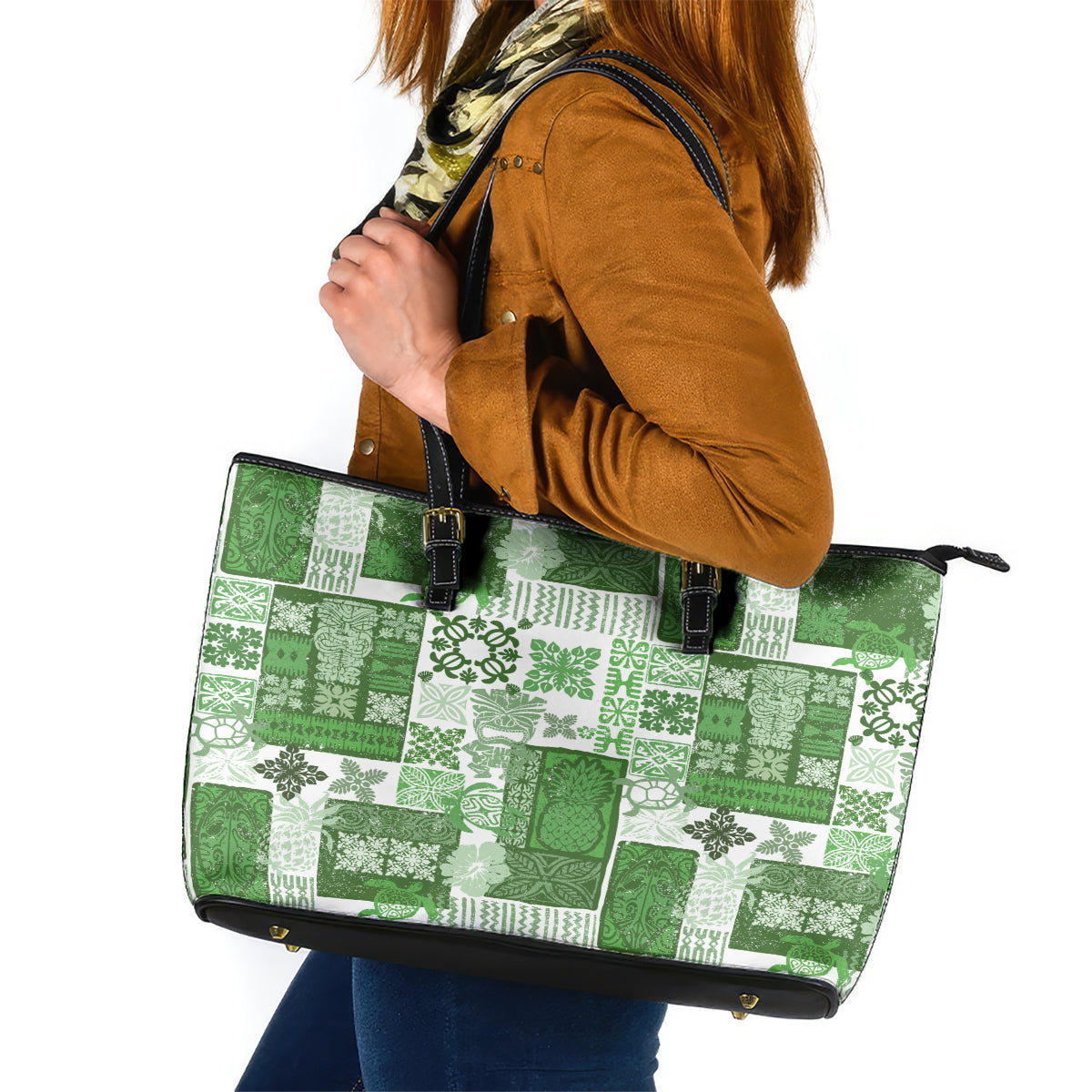 Hawaiian Quilt Leather Tote Bag Tiki Tropical Retro Green Version LT14 Green - Polynesian Pride