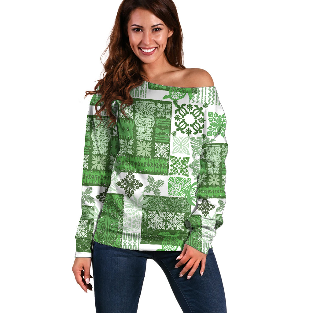 Hawaiian Quilt Off Shoulder Sweater Tiki Tropical Retro Green Version LT14 Women Green - Polynesian Pride