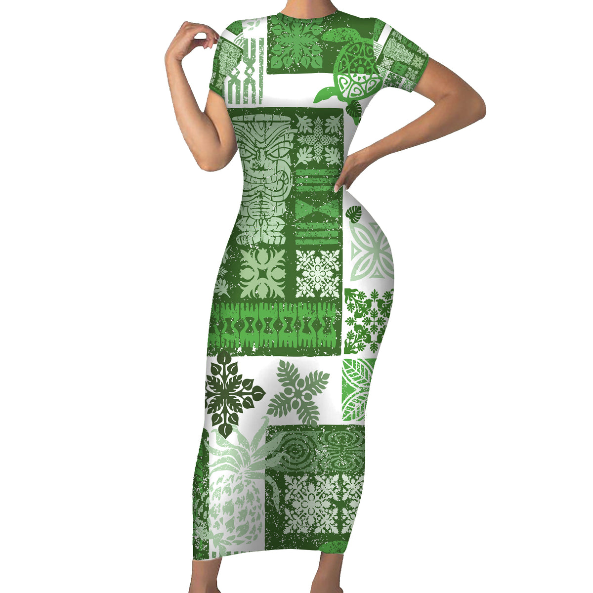 Hawaiian Quilt Short Sleeve Bodycon Dress Tiki Tropical Retro Green Version LT14 Long Dress Green - Polynesian Pride