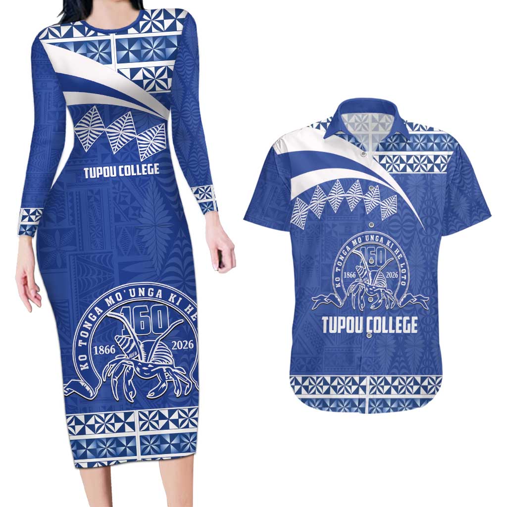 Personalised Tonga Tupou College Toloa Couples Matching Long Sleeve Bodycon Dress and Hawaiian Shirt 160 Years Anniversary Tongan Ngatu Pattern LT14 Blue - Polynesian Pride