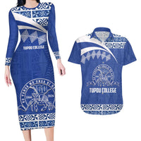 Personalised Tonga Tupou College Toloa Couples Matching Long Sleeve Bodycon Dress and Hawaiian Shirt 160 Years Anniversary Tongan Ngatu Pattern LT14 Blue - Polynesian Pride