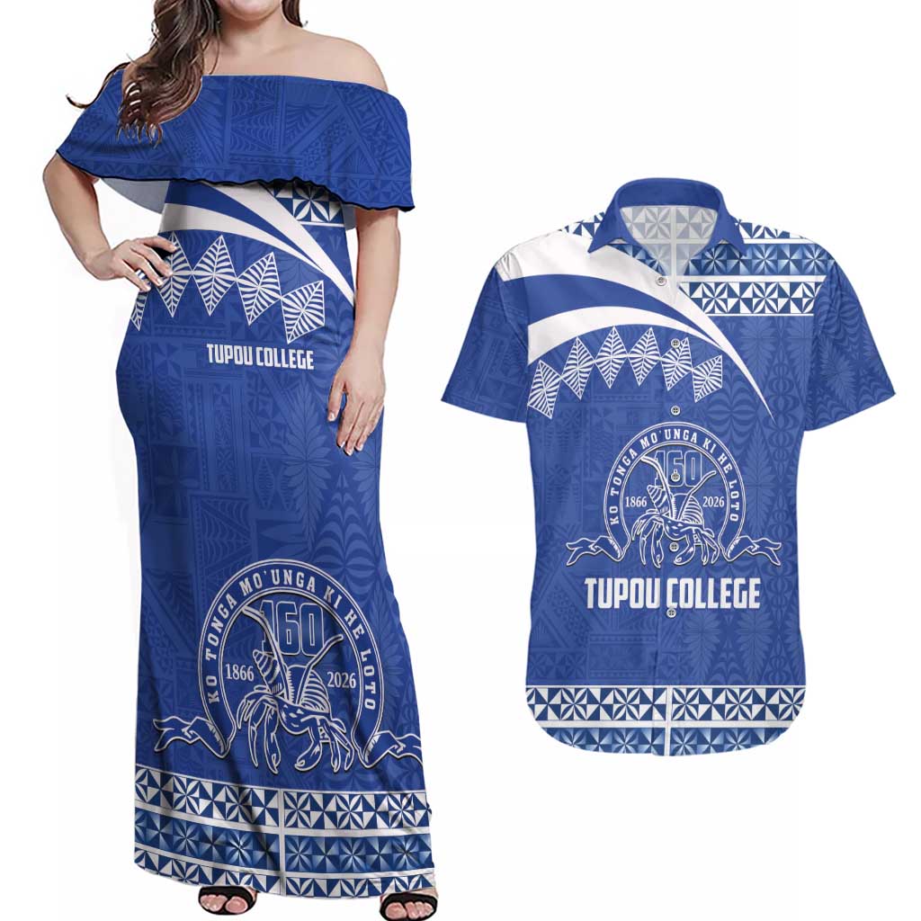 Personalised Tonga Tupou College Toloa Couples Matching Off Shoulder Maxi Dress and Hawaiian Shirt 160 Years Anniversary Tongan Ngatu Pattern