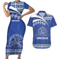 Personalised Tonga Tupou College Toloa Couples Matching Short Sleeve Bodycon Dress and Hawaiian Shirt 160 Years Anniversary Tongan Ngatu Pattern LT14 Blue - Polynesian Pride
