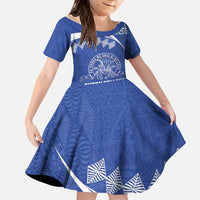 Personalised Tonga Tupou College Toloa Family Matching Off Shoulder Short Dress and Hawaiian Shirt 160 Years Anniversary Tongan Ngatu Pattern LT14 Daughter's Dress Blue - Polynesian Pride