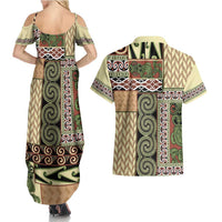 Beige Aotearoa Kowhaiwhai Pattern Couples Matching Summer Maxi Dress and Hawaiian Shirt NZ Maori Quilt Style