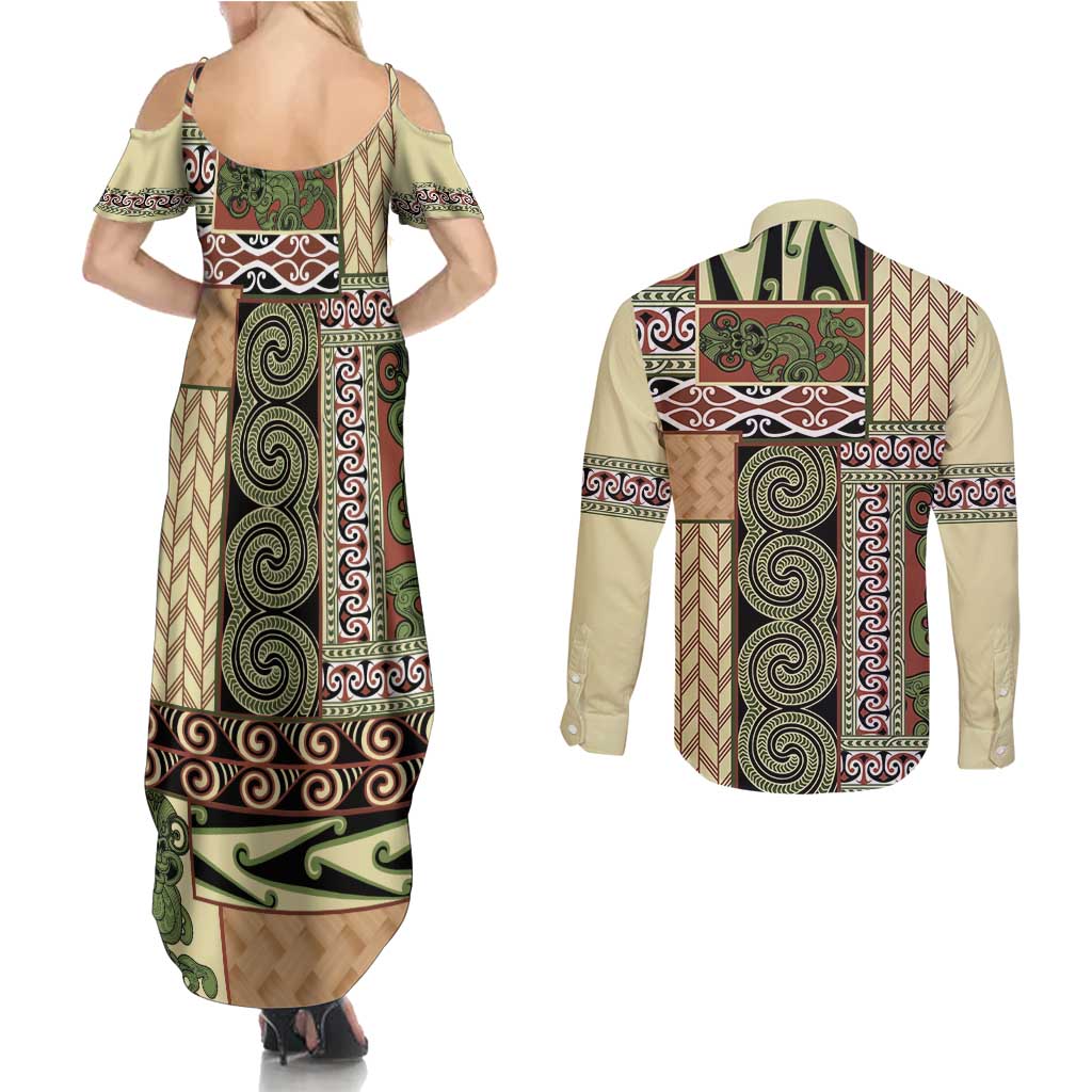 Beige Aotearoa Kowhaiwhai Pattern Couples Matching Summer Maxi Dress and Long Sleeve Button Shirt NZ Maori Quilt Style LT14 - Polynesian Pride