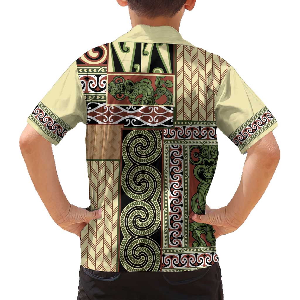 Beige Aotearoa Kowhaiwhai Pattern Family Matching Long Sleeve Bodycon Dress and Hawaiian Shirt NZ Maori Quilt Style LT14 - Polynesian Pride