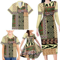 Beige Aotearoa Kowhaiwhai Pattern Family Matching Long Sleeve Bodycon Dress and Hawaiian Shirt NZ Maori Quilt Style LT14 - Polynesian Pride