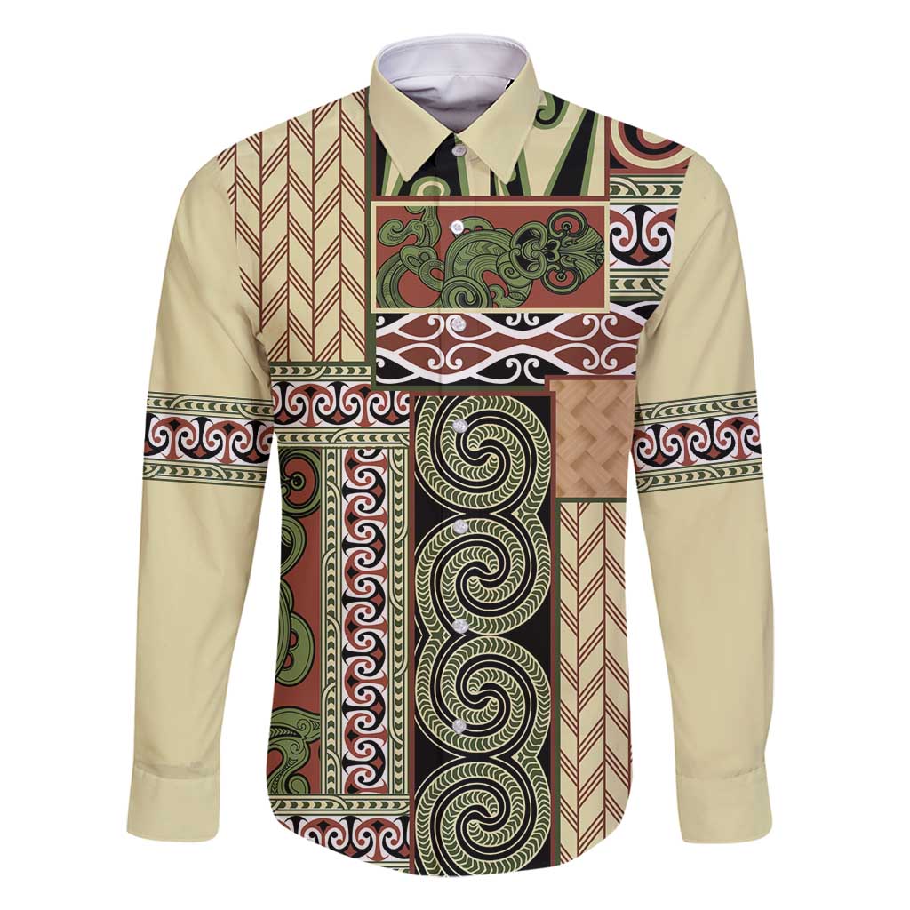 Beige Aotearoa Kowhaiwhai Pattern Family Matching Long Sleeve Bodycon Dress and Hawaiian Shirt NZ Maori Quilt Style LT14 Dad's Shirt - Long Sleeve Beige - Polynesian Pride