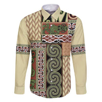 Beige Aotearoa Kowhaiwhai Pattern Family Matching Long Sleeve Bodycon Dress and Hawaiian Shirt NZ Maori Quilt Style LT14 Dad's Shirt - Long Sleeve Beige - Polynesian Pride