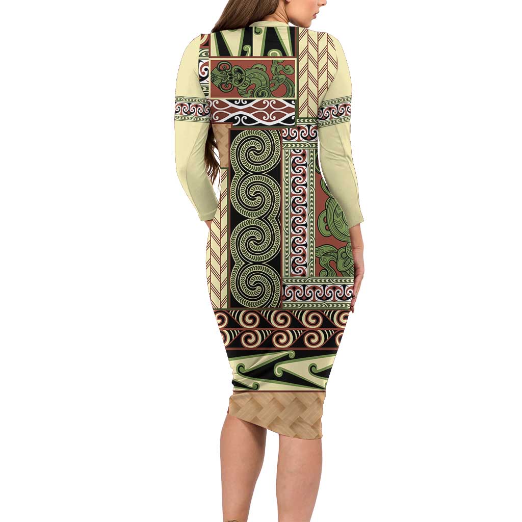 Beige Aotearoa Kowhaiwhai Pattern Family Matching Long Sleeve Bodycon Dress and Hawaiian Shirt NZ Maori Quilt Style LT14 - Polynesian Pride