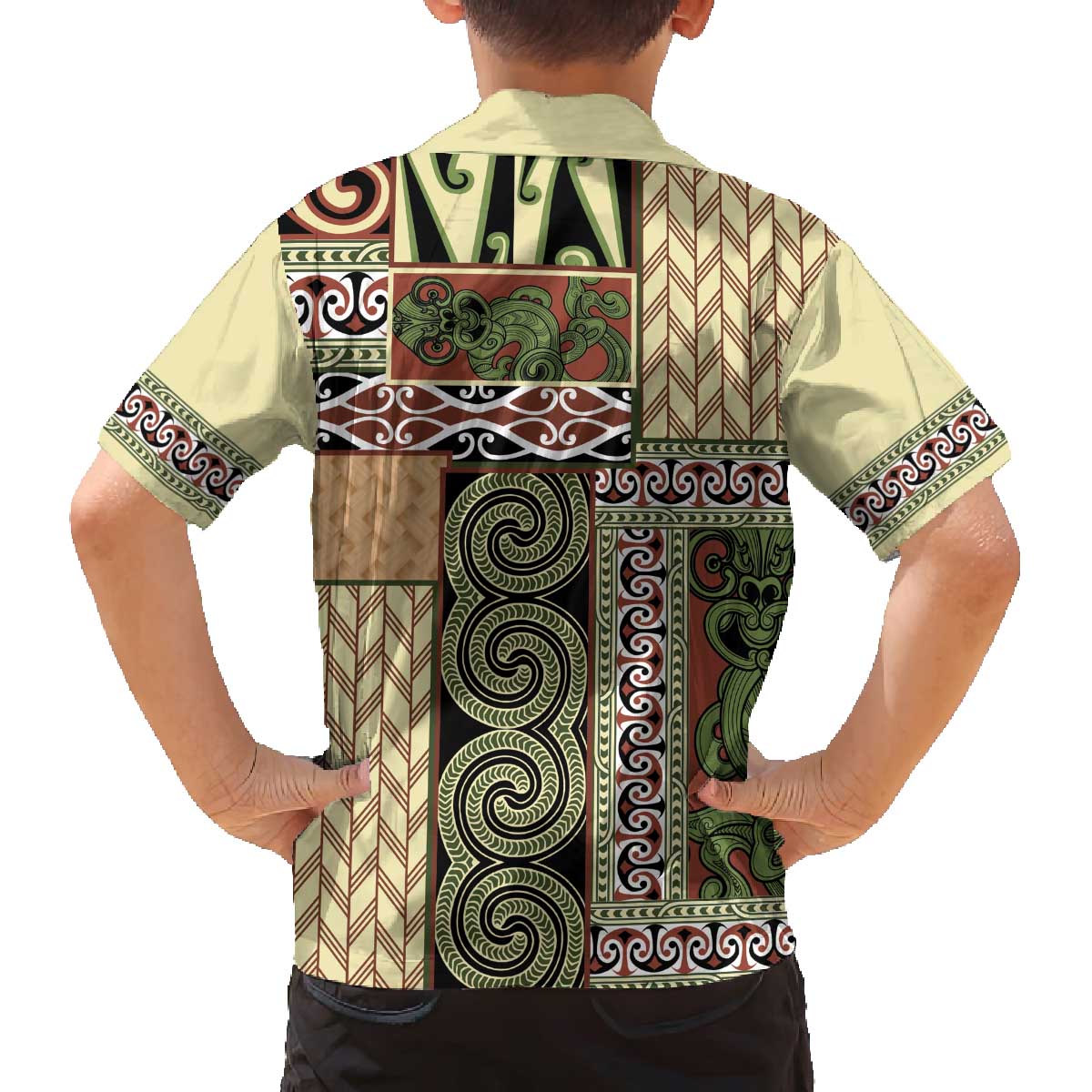 Beige Aotearoa Kowhaiwhai Pattern Family Matching Off The Shoulder Long Sleeve Dress and Hawaiian Shirt NZ Maori Quilt Style