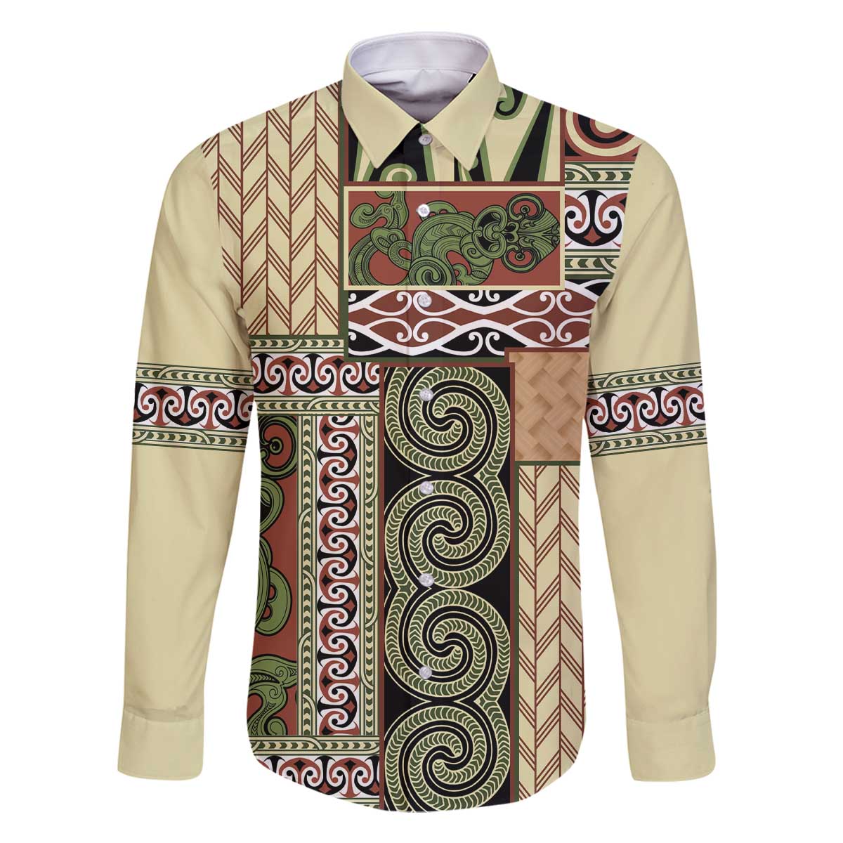 Beige Aotearoa Kowhaiwhai Pattern Family Matching Off The Shoulder Long Sleeve Dress and Hawaiian Shirt NZ Maori Quilt Style