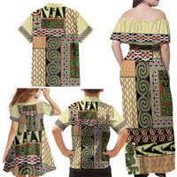 Beige Aotearoa Kowhaiwhai Pattern Family Matching Off Shoulder Maxi Dress and Hawaiian Shirt NZ Maori Quilt Style