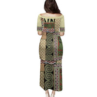 Beige Aotearoa Kowhaiwhai Pattern Family Matching Puletasi and Hawaiian Shirt NZ Maori Quilt Style