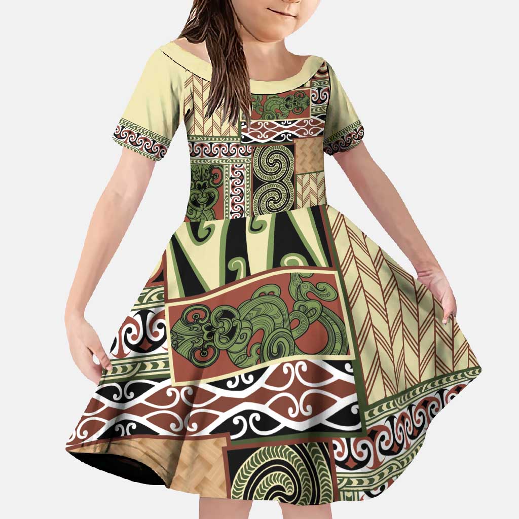 Beige Aotearoa Kowhaiwhai Pattern Family Matching Short Sleeve Bodycon Dress and Hawaiian Shirt NZ Maori Quilt Style LT14 Daughter's Dress Beige - Polynesian Pride